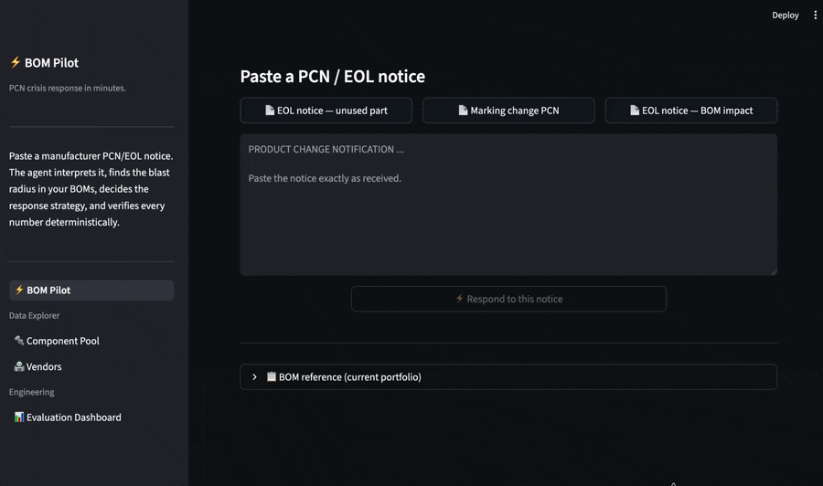 BOM Pilot hero run — paste a PCN, watch the graph stream, get the final recommendation